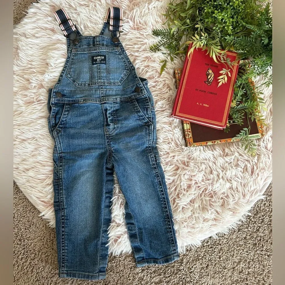 Oshkosh B’gosh Blue Jean Denim Vestbak Stripe Strap Overalls Baby‎ Sz 18 Mo
